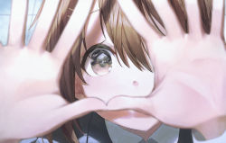 Rule 34 | 1girl, absurdres, blurry, blurry background, blurry foreground, brown eyes, brown hair, collared shirt, commentary, covered mouth, depth of field, fudepenbrushpen, hair ornament, hairclip, hands up, highres, hirasawa yui, k-on!, looking at viewer, medium hair, portrait, shirt, short hair, solo, white shirt
