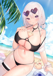 Rule 34 | &gt; &lt;, 1girl, :o, ahoge, arm support, azur lane, bare shoulders, beach, beach towel, between breasts, bikini, black bikini, blue sky, blush, bow, breasts, cisyo, cleavage, cloud, collarbone, commentary request, commission, creature, day, eyewear on head, gluteal fold, heart, heart-shaped eyewear, heart ahoge, heart in eye, highres, large breasts, long hair, looking at viewer, motion lines, navel, o-ring, o-ring bikini, ocean, off shoulder, official alternate costume, outdoors, parted lips, pink-framed eyewear, red bow, red eyes, scrunchie, see-through, silver hair, sirius (azur lane), sirius (scorching-hot seirios) (azur lane), sitting, skeb commission, sky, stomach, sunglasses, swimsuit, symbol in eye, thigh gap, towel, wrist scrunchie
