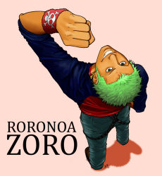 Rule 34 | 1boy, character name, clenched hand, denim, earrings, full body, green hair, jeans, jewelry, jolly roger, looking at viewer, male focus, one piece, pants, pink background, pirate, roronoa zoro, simple background, smile, solo, standing, suspenders, teeth