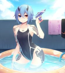 Rule 34 | 1girl, alternate costume, bad id, bad pixiv id, blue hair, blush, breasts, clothes, cloud, cloudy sky, competition swimsuit, day, grin, heterochromia, highres, horns, hose, io (pso2), muryotaro, one-piece swimsuit, phantasy star, phantasy star online 2, pool, short hair, sky, small breasts, smile, swimsuit, tattoo, towel, water, water gun