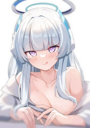 Rule 34 | 1girl, absurdres, blue archive, blush, breasts, chun jiang, cleavage, closed mouth, collarbone, grey hair, hair over breasts, halo, highres, large breasts, long hair, looking at viewer, mechanical halo, noa (blue archive), purple eyes, simple background, smile, solo, tongue, tongue out, upper body, white background