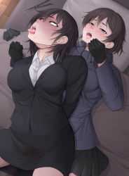 Rule 34 | 2girls, arms behind back, asphyxiation, black gloves, black jacket, black skirt, blood, blue coat, blue eyes, blush, brown eyes, brown hair, coat, collared shirt, cowboy shot, crying, drooling, dying, erikku (kata235), female focus, garrote, gloves, heavy breathing, highres, jacket, knife, lying, multiple girls, on back, on bed, open mouth, peeing, pencil skirt, peril, pillow, pleated skirt, rolling eyes, shirt, short hair, skirt, tears, thighs, tongue, tongue out, weapon, white shirt, wing collar