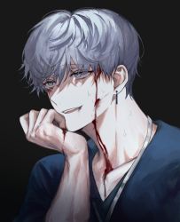 Rule 34 | 1boy, black background, blood, blood in mouth, blood on face, blue shirt, commission, earrings, half-closed eyes, highres, injury, jewelry, kkxmxx, male focus, open mouth, original, shirt, short hair, silver hair, simple background, smile, solo, teeth, upper body, upper teeth only, white eyes
