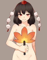 Rule 34 | 1girl, arm behind back, black hair, breasts, collarbone, commentary, completely nude, covering breasts, covering privates, grey background, grey hair, groin, hand fan, hat, hauchiwa, highres, holding, holding fan, looking at viewer, medium breasts, medium hair, miyo (ranthath), nude, out-of-frame censoring, out of frame, pom pom (clothes), red eyes, red hat, shameimaru aya, simple background, solo, straight-on, tokin hat, touhou, upper body