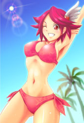 Rule 34 | 10s, arms up, bikini, cure southern cross, grin, happinesscharge precure!, highres, one eye closed, pink hair, precure, red bikini, red eyes, short hair, smile, solo, swimsuit, zwei (santanawamuujojo)