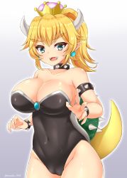 Rule 34 | 1girl, :d, absurdres, armlet, bad id, bad pixiv id, bare shoulders, black leotard, blonde hair, blue eyes, bowsette, bracelet, breasts, cameltoe, cleavage, collar, collarbone, covered navel, crown, earrings, eyebrows, fangs, gradient background, grey background, highres, horns, jewelry, large breasts, leotard, lizard tail, looking at viewer, mario (series), new super mario bros. u deluxe, nintendo, open mouth, pointy ears, ponytail, ryochapu, smile, solo, spiked armlet, spiked bracelet, spiked collar, spikes, standing, super crown, tail, teeth, thick eyebrows, twitter username