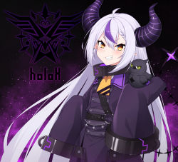 Rule 34 | 1girl, ahoge, belt, bird, collar, commentary, crow (la+ darknesss), grin, hair between eyes, healther, highres, hololive, horns, la+ darknesss, long hair, looking at viewer, metal collar, multicolored hair, o-ring, pointy ears, purple hair, sleeves past fingers, sleeves past wrists, smile, solo, streaked hair, tail, two-tone hair, v-shaped eyebrows, very long hair, very long sleeves, virtual youtuber, white hair, yellow eyes