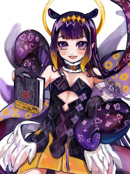 Rule 34 | 1girl, absurdres, black gloves, blush, book, detached sleeves, flat chest, gloves, halo, highres, holding, holding book, hololive, hololive english, looking at viewer, low wings, mamiya miya, mole, mole under eye, monogram, ninomae ina&#039;nis, ninomae ina&#039;nis (1st costume), open mouth, pointy ears, purple eyes, purple hair, single detached sleeve, smile, solo, tentacle hair, tentacles, virtual youtuber, white background, wings