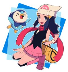 Rule 34 | 1girl, :d, bag, beanie, black hair, black shirt, boots, bracelet, clenched hand, commentary request, creatures (company), dawn (pokemon), duffel bag, eyelashes, full body, game freak, gen 4 pokemon, grey eyes, hair ornament, hairclip, hat, highres, jewelry, long hair, looking at viewer, nintendo, open mouth, outline, over-kneehighs, pink footwear, pink skirt, piplup, pokemon, pokemon (creature), pokemon dppt, poketch, red scarf, scarf, shirt, sidelocks, skirt, sleeveless, sleeveless shirt, smile, thighhighs, tongue, tyako 089, watch, white headwear, wristwatch, yellow bag