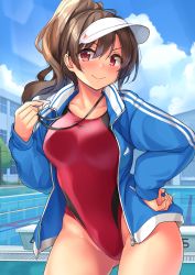 Rule 34 | &gt;:), 1girl, artist name, blue jacket, brand name imitation, breasts, brown hair, cloud, competition swimsuit, contrapposto, cowboy shot, day, gluteal fold, hand on own hip, high ponytail, highres, jacket, kurenai hanpen, long hair, looking at viewer, medium breasts, one-piece swimsuit, open clothes, open jacket, original, outdoors, pool, red eyes, sky, solo, swimsuit, track jacket, visor cap, whistle, whistle around neck, zipper pull tab