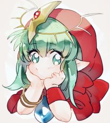 Rule 34 | 1girl, bad id, bad twitter id, bracelet, fire emblem, fire emblem: mystery of the emblem, fire emblem heroes, green eyes, green hair, hands on own face, hood, hood up, jewelry, long hair, nintendo, nonomori (anst nono), pointy ears, simple background, solo, stone, tiara, tiki (fire emblem), tiki (young) (fire emblem), white background, wristband
