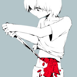 Rule 34 | 1boy, alternate body fluid, avogado6, bleeding, blood, coin, collarbone, commentary request, greyscale, guro, holding, holding knife, knife, looking down, male focus, midriff, money, monochrome, original, outstretched arms, profile, seppuku, shirt, short hair, short sleeves, simple background, solo, spot color, suicide, symbolism, t-shirt, tied shirt, turning head, two-handed, upper body, wide-eyed, yen