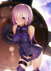 Rule 34 | 1girl, armor, armored boots, boots, fate/grand order, fate (series), hair over one eye, looking at viewer, mash kyrielight, official art, pink hair, purple eyes, resized, short hair, smile, solo, takeuchi takashi, upscaled, waifu2x