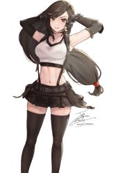 Rule 34 | 1girl, armpits, black gloves, black hair, black skirt, black thighhighs, breasts, cleavage, closed mouth, collarbone, crop top, elbow gloves, fadingz, final fantasy, final fantasy vii, final fantasy vii remake, fingerless gloves, floating hair, gloves, highres, large breasts, long hair, looking at viewer, low-tied long hair, midriff, miniskirt, navel, pleated skirt, red eyes, signature, simple background, skirt, solo, square enix, standing, stomach, suspender skirt, suspenders, swept bangs, thighhighs, tifa lockhart, very long hair, white background, zettai ryouiki