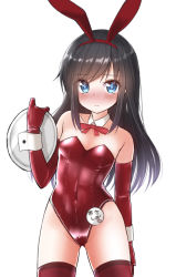 Rule 34 | 1girl, animal ears, asashio (kancolle), bare shoulders, black hair, blue eyes, bow, bowtie, detached collar, elbow gloves, fake animal ears, gloves, kantai collection, leotard, long hair, playboy bunny, rabbit ears, red gloves, red leotard, red thighhighs, sasakura (calicchio), shiny clothes, solo, strapless, strapless leotard, thighhighs, tray, wrist cuffs