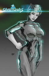 Rule 34 | 10s, 1girl, 2011, bodysuit, breasts, copyright name, cyborg, graphite (medium), hand on own hip, highres, hip focus, john amor, large breasts, lips, logo, narrow waist, science fiction, shiny clothes, short hair, silverhawks, sketch, solo, steelheart, traditional media, wings