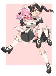 Rule 34 | &gt; &lt;, 2girls, absurdres, ahoge, apron, black dress, black hair, blue hair, breasts, brown eyes, carrying, carrying person, clenched teeth, commentary, crying, double-parted bangs, dress, fang, frilled apron, frilled cuffs, frilled sleeves, frilled socks, frills, high heels, highres, idolmaster, idolmaster cinderella girls, large breasts, long hair, maid apron, maid headdress, mole, mole under eye, multiple girls, open mouth, pink hair, ribbon, socks, sukoyaka (100hituzi), sunazuka akira, sweatdrop, teardrop, teeth, thighhighs, twintails, wrist cuffs, yumemi riamu