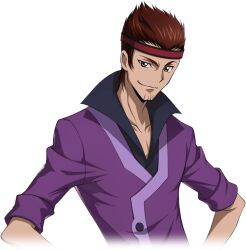 Rule 34 | 1boy, artist request, black shirt, brown hair, closed mouth, code geass, code geass: lost stories, collarbone, collared shirt, cropped torso, facial hair, game cg, goatee stubble, hands on own hips, happy, headband, high collar, jacket, looking at viewer, male focus, non-web source, official art, pectoral cleavage, pectorals, purple jacket, red headband, shirt, short hair, sidelocks, simple background, sleeves rolled up, smile, solo, spiked hair, standing, stubble, tamaki shin&#039;ichirou, transparent background, upper body, v-neck
