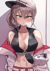 Rule 34 | 1girl, absurdres, aqua eyes, ar-57 (girls&#039; frontline), bare shoulders, black gloves, blush, breasts, cleavage, collarbone, crop top, earrings, fingerless gloves, girls&#039; frontline, gloves, hat, highres, jacket, jacket partially removed, jewelry, kuzumotsu, looking at viewer, medium breasts, midriff, navel, open clothes, pink hair, solo, steaming body, sweat, white hat, white jacket