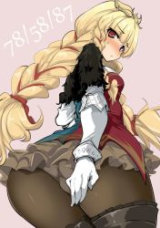 Rule 34 | 1girl, ass, bad id, bad twitter id, black pantyhose, blonde hair, blue eyes, blush, braid, character request, cowboy shot, from behind, fur, gloves, heterochromia, looking at viewer, lord of vermilion, lord of vermilion iii, momio, panties, panties under pantyhose, pantyhose, pink background, red eyes, solo, sweatdrop, twin braids, twintails, underwear, white gloves