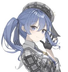 Rule 34 | 1girl, absurdres, black gloves, blue eyes, blue hair, fingerless gloves, gloves, hat, highres, hololive, hoshimachi suisei, karyln, long sleeves, looking at viewer, simple background, smile, solo, virtual youtuber