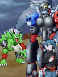 bone claws digimon digimon_world_re:digitize digimon_world_re:digitize_decode goggles hiandromon highres horns orgemon sharp_teeth short_hair spikes taiga_(digimon) teeth