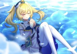Rule 34 | 1girl, barbara (genshin impact), bare shoulders, blonde hair, blush, book, closed eyes, cloud, detached collar, detached sleeves, dress, drill hair, genshin impact, hands clasp, highres, hpapo, long hair, nun, outdoors, pantyhose, praying, priestess, sidelocks, sky, smile, solo, twin drills, twintails, white dress, white headwear, white pantyhose
