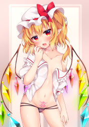 Rule 34 | 1girl, bare shoulders, black panties, blonde hair, blush, bow, breasts, commentary request, cowboy shot, crystal, fang, flandre scarlet, frilled shirt collar, frills, gluteal fold, groin, hair between eyes, hand up, hat, hat bow, hat ribbon, head tilt, highres, miy@, mob cap, navel, no pants, off shoulder, one side up, open clothes, open mouth, open shirt, panties, pointy ears, pubic tattoo, puffy short sleeves, puffy sleeves, red bow, red eyes, red ribbon, ribbon, shirt, short hair, short sleeves, side ponytail, skindentation, small breasts, solo, standing, stomach, tattoo, tears, thighs, touhou, underwear, vampire, white hat, white shirt, wings