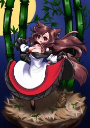 Rule 34 | 1girl, animal ears, bamboo, blush, breasts, brown hair, cleavage, dress, fingernails, full moon, fuuren udon, happy, imaizumi kagerou, large breasts, long fingernails, long hair, moon, multicolored clothes, off shoulder, open mouth, red eyes, solo, tail, touhou, wolf ears, wolf girl, wolf tail