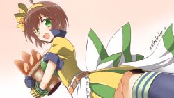 Rule 34 | 1girl, bread, breasts, brown hair, food, green eyes, long nose plier (ole tower), ole tower, open mouth, short hair, smile, solo, thighhighs, yuto (dialique)