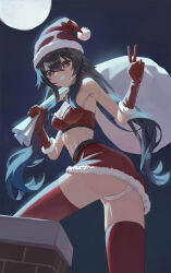 Rule 34 | 1girl, ass, bare shoulders, black hair, breasts, chimney, cleavage, commentary request, fur-trimmed gloves, fur trim, genshin impact, gloves, grin, hand up, hat, highres, holding, holding sack, hu tao (genshin impact), llami 0, long hair, looking at viewer, midriff, miniskirt, night, night sky, outdoors, panties, pencil skirt, red hat, red skirt, red thighhighs, sack, santa hat, skirt, sky, smile, solo, stomach, strapless, thighhighs, thighs, tube top, underwear, v, very long hair, white panties