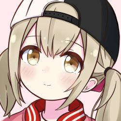 Rule 34 | 1girl, azusawa kohane, backwards hat, baseball cap, black hat, blush, brown eyes, brown hair, closed mouth, commentary, dot nose, hat, ixia (ixia424), looking at viewer, pink background, portrait, project sekai, short twintails, sidelocks, simple background, smile, solo, twintails, two-tone headwear, white hat