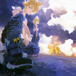 Rule 34 | 1boy, 1girl, a-shacho, arm scarf, black pants, blonde hair, blue eyes, blue theme, bow, chinese commentary, closed mouth, commentary request, crop top, explosion, hair bow, hair ornament, hairclip, highres, kagamine len, kagamine rin, on one knee, outdoors, pants, ponytail, ready steady (vocaloid), short hair, short ponytail, siblings, sleeveless, smoke, standing, tank top, twins, vocaloid