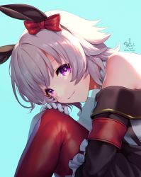 Rule 34 | 1girl, armband, bare shoulders, black jacket, blue background, closed mouth, commentary request, curren chan (umamusume), dress, eyebrows hidden by hair, feet out of frame, frilled jacket, frills, gloves, grey hair, hand on own knee, highres, jacket, leaning forward, looking at viewer, off-shoulder jacket, off shoulder, pantyhose, purple eyes, red pantyhose, signature, simple background, sitting, sleeveless, sleeveless dress, smile, solo, sparkling eyes, striped clothes, striped dress, twitter username, umamusume, vertical-striped clothes, vertical-striped dress, white dress, white gloves, yukimichi (nieko)