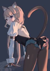 Rule 34 | 1girl, animal ear fluff, animal ears, ass, bent over, black leotard, black pantyhose, blush, breasts, cat ears, cat girl, cat tail, closed mouth, corrupted twitter file, facial mark, frilled leotard, frills, genshin impact, gloves, highres, leotard, light brown hair, long hair, long sleeves, looking at viewer, looking back, lynette (genshin impact), medium breasts, pantyhose, purple eyes, simple background, solo, star (symbol), star facial mark, sweat, syhan, tail, torn clothes, torn pantyhose