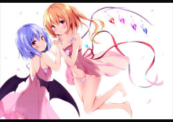 Rule 34 | 2girls, :o, absurdres, alternate costume, babydoll, bare arms, bare legs, bare shoulders, barefoot, bat wings, blonde hair, bow, breasts, cleavage, commentary request, crystal, demon wings, dress, eyebrows, flandre scarlet, hair between eyes, highres, holding hands, hyurasan, interlocked fingers, looking at viewer, looking back, multiple girls, navel, no headwear, open mouth, panties, pink dress, pink eyes, remilia scarlet, short hair, siblings, side ponytail, simple background, sisters, sleeveless, sleeveless dress, small breasts, stomach, strap slip, tareme, touhou, underwear, white background, white bow, white panties, wings