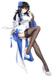 Rule 34 | 1girl, black gloves, black hair, black thighhighs, breasts, china dress, chinese clothes, closed mouth, covered navel, dress, elbow gloves, flower, garter straps, girls&#039; frontline, gloves, hair flower, hair ornament, hand fan, hand up, high heels, holding, holding fan, long hair, looking at viewer, medium breasts, official alternate costume, partially fingerless gloves, san ka, smile, solo, thighhighs, type 95 (girls&#039; frontline), type 95 (narcissus) (girls&#039; frontline), white background, white dress, white footwear, yellow eyes