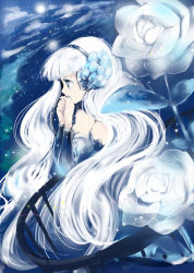 Rule 34 | 1girl, bad id, bad pixiv id, balcony, blue eyes, cloud, covering face, covering own mouth, covering privates, detached sleeves, dress, flower, gwendolyn (odin sphere), hair ornament, hairband, jewelry, koto2, kotokoto (vibgyor), long hair, moon, night, night sky, odin sphere, ring, rose, silver hair, sky, solo, strapless, strapless dress, very long hair, white flower, white rose