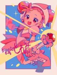 Rule 34 | 1girl, :d, blush, boots, copyright name, double bun, dress, earrings, full body, gloves, hair bun, harukaze doremi, hat, highres, holding, holding wand, jewelry, looking at viewer, magical girl, ojamajo doremi, open mouth, pink dress, pink footwear, pink gloves, pink hat, puffy short sleeves, puffy sleeves, red eyes, red hair, sanamaru (sana79261827), short hair, short sleeves, smile, solo, sparkle, standing, wand, witch hat