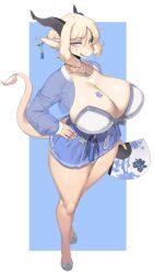 Rule 34 | 1girl, absurdres, beige skin, blonde hair, blue eyes, blue skirt, blue sleeves, breast tattoo, breasts, cervina, character request, choker, dragon girl, dragon horns, dragon tail, earrings, furry, furry female, hand fan, hand on own hip, highres, hoop earrings, horns, huge breasts, jewelry, miniskirt, necklace, original, panties, pointy ears, see-through, see-through sleeves, skirt, slippers, solo, tail, tattoo, underwear, white choker, white panties