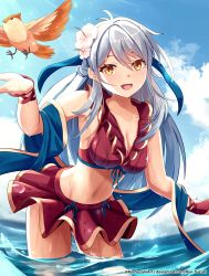 Rule 34 | 1girl, :d, absurdres, bare shoulders, bikini, bikini skirt, bird, blue scarf, blue sky, breasts, cleavage, collarbone, commentary, cowboy shot, fire emblem, fire emblem: radiant dawn, fire emblem heroes, flower, front-tie bikini top, front-tie top, gloves, grey hair, groin, hair flower, hair ornament, half updo, highres, leaning forward, long hair, looking at viewer, medium breasts, micaiah (fire emblem), micaiah (summer) (fire emblem), miniskirt, navel, nintendo, official alternate costume, open mouth, partially submerged, red bikini, red gloves, ryo-suzuki, scarf, skirt, sky, smile, solo, sunlight, swimsuit, towel, twitter username, wading, water, wet, yellow eyes, yune (fire emblem)