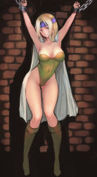Rule 34 | 1girl, absurdres, bdsm, blonde hair, blue eyes, blue headband, bondage, boots, bound, bound wrists, breasts, brick wall, cameltoe, cape, celes chere, chain, chained, commentary request, covered erect nipples, cuffs, final fantasy, final fantasy vi, full body, green footwear, green leotard, headband, highres, johan (johan13), leotard, long hair, medium breasts, restrained, shackles, solo, standing, strapless, strapless leotard, white cape