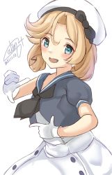 Rule 34 | 1girl, blonde hair, blue eyes, blue sailor collar, calin, commentary request, dated, dress, finger frame, gloves, hat, highres, janus (kancolle), kantai collection, looking at viewer, open mouth, sailor collar, sailor dress, sailor hat, short hair, short sleeves, signature, simple background, solo, white background, white dress, white gloves, white hat