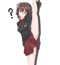 Rule 34 | 1girl, ?, black jacket, bluff260, brown eyes, brown hair, closed mouth, commentary, dress shirt, frown, girls und panzer, highres, jacket, kuromorimine military uniform, leg hold, leg up, long sleeves, looking at viewer, military, military uniform, miniskirt, nishizumi maho, pleated skirt, red shirt, red skirt, shadow, shirt, short hair, simple background, skirt, solo, split, standing, standing on one leg, standing split, convenient skirt, twitter username, uniform, white background, wing collar