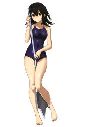 Rule 34 | 10s, 1girl, absurdres, barefoot, black hair, blue one-piece swimsuit, breasts, breasts apart, brown eyes, collarbone, competition school swimsuit, frown, full body, hair between eyes, highres, himeragi yukina, holding, holding polearm, holding spear, holding weapon, legs together, long hair, looking at viewer, medium breasts, narrow waist, official art, one-piece swimsuit, parted bangs, polearm, school swimsuit, scowl, shiny skin, simple background, solo, spear, standing, strike the blood, swimsuit, v-shaped eyebrows, weapon, white background