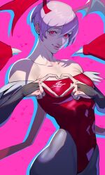 Rule 34 | 1girl, absurdres, bare shoulders, bat wings, bow, breasts, heart, heart hands, highres, leotard, lilith aensland, pink hair, red bow, sheep shin, short hair, small breasts, vampire (game), wings