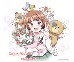 Rule 34 | 10s, 1girl, :d, bandages, bandaid, black neckerchief, blouse, boko (girls und panzer), bouquet, brown eyes, brown hair, cast, commentary request, dated, english text, flower, girls und panzer, happy birthday, holding, holding bouquet, katakori sugita, long sleeves, looking at viewer, miniskirt, neckerchief, nishizumi miho, ooarai school uniform, open mouth, partial commentary, pleated skirt, school uniform, serafuku, shirt, short hair, skirt, smile, solo, standing, star (symbol), starry background, stuffed animal, stuffed toy, teddy bear, twitter username, v, white shirt