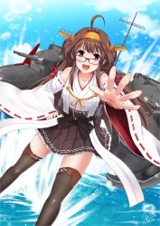 Rule 34 | 10s, 1girl, :d, ahoge, bespectacled, black thighhighs, brown hair, dated, detached sleeves, glasses, go-it, grey eyes, hairband, headgear, kantai collection, kongou (kancolle), long hair, looking at viewer, open mouth, red-framed eyewear, ribbon-trimmed sleeves, ribbon trim, skirt, smile, solo, thighhighs, wide sleeves, zettai ryouiki