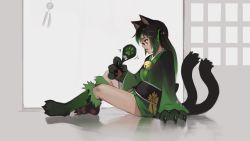 Rule 34 | 1girl, animal ears, animal hands, bell, black hair, cat ears, cat girl, cat paws, cat tail, claws, commentary, english commentary, full body, fusion, glasses, green hair, grey background, hand fan, highres, japanese clothes, jingle bell, kimono, long hair, long sleeves, monster girl encyclopedia, monsterification, multiple tails, nekomata (monster girl encyclopedia), original, paintrfiend, parted lips, profile, rectangular eyewear, short kimono, simple background, sitting, solo, tail, tharkis, twintails, two tails, wide sleeves