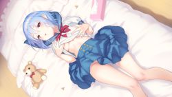 Rule 34 | 1girl, bare legs, bed sheet, blue eyes, blue sailor collar, blue skirt, breasts, brown eyes, clothes lift, commentary request, dutch angle, frilled pillow, frills, lifted by self, mimikaki, neck ribbon, official art, on bed, original, parted lips, pillow, pokachu, puffy short sleeves, puffy sleeves, red ribbon, ribbon, sailor collar, school uniform, serafuku, shirt, shirt lift, short sleeves, skirt, sleeve cuffs, small breasts, solo, stuffed animal, stuffed toy, teddy bear, tissue box, white shirt